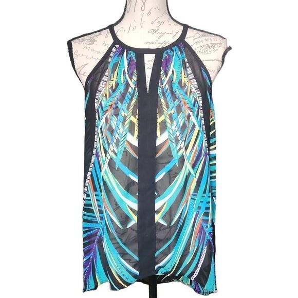 Nicole by Nicole Miller Ladies Size Medium Black Blue Sheer Print Cami Tank - Picture 1 of 6